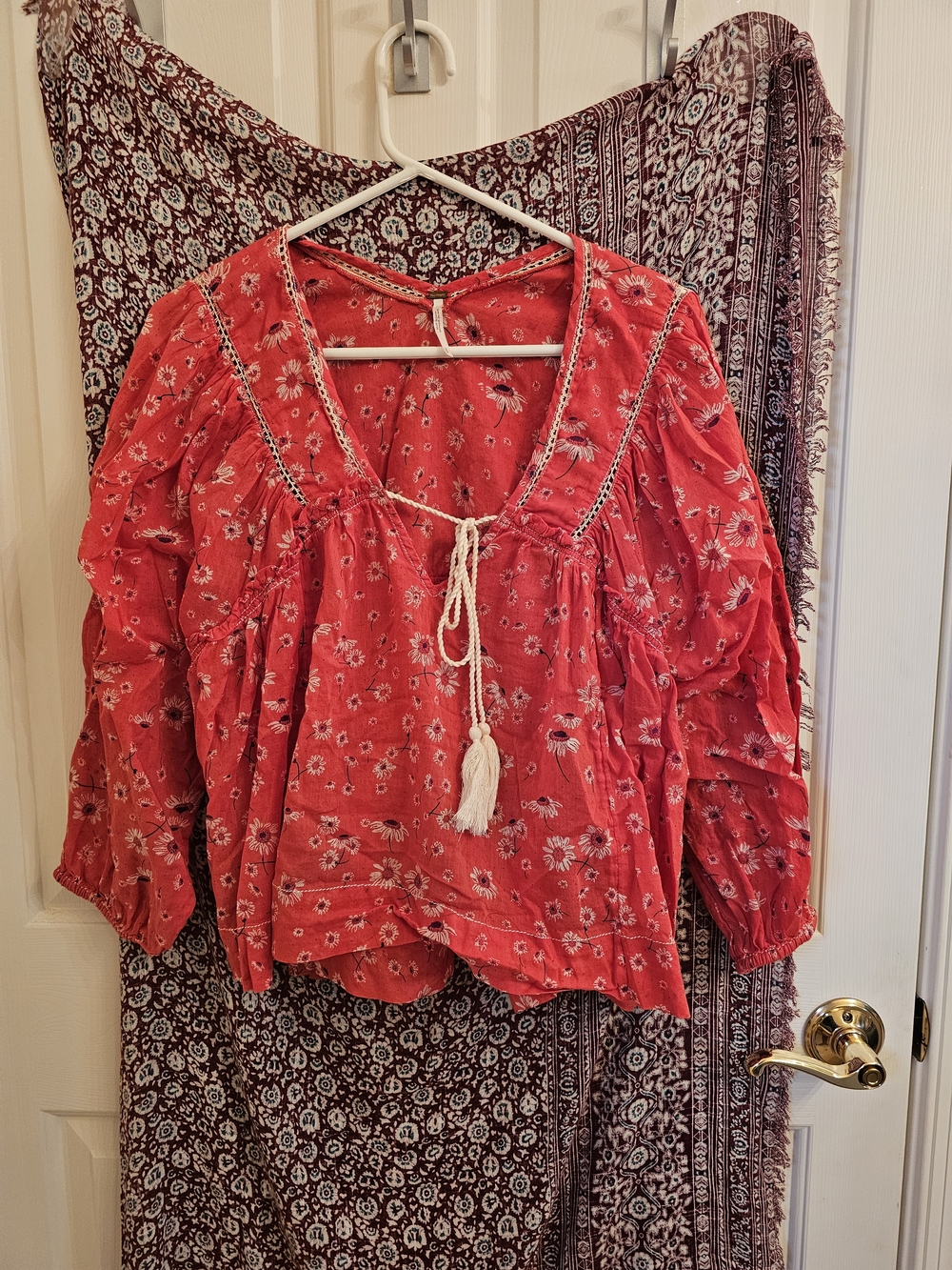 Boho Red Floral Tie-Front Peasant Blouse